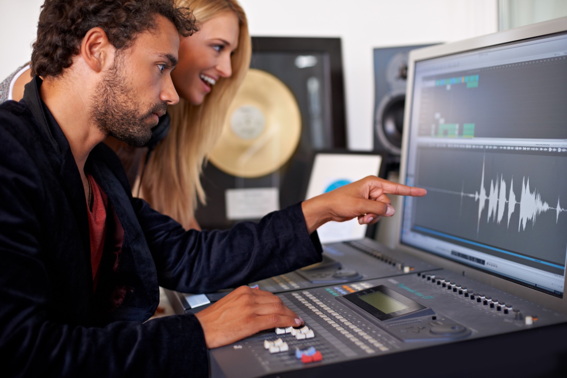 Sound engineer, DJ and recording studio monitoring on music, radio and audio with tech and staff. Producer, media edit and professional employee with synthesizer and happy from podcast industry